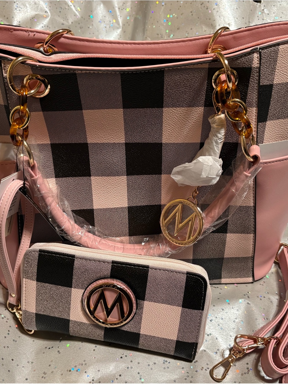MKF by Mia K. 2pc Collection -Pink & Gray Plaid Tote and wallet
